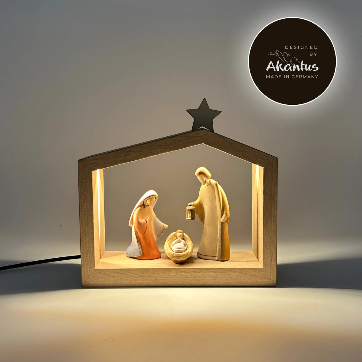Heilige Familie (3 Figuren) von Leonardo bemalt mit Familienhaus "Akantus Design" Eiche natur