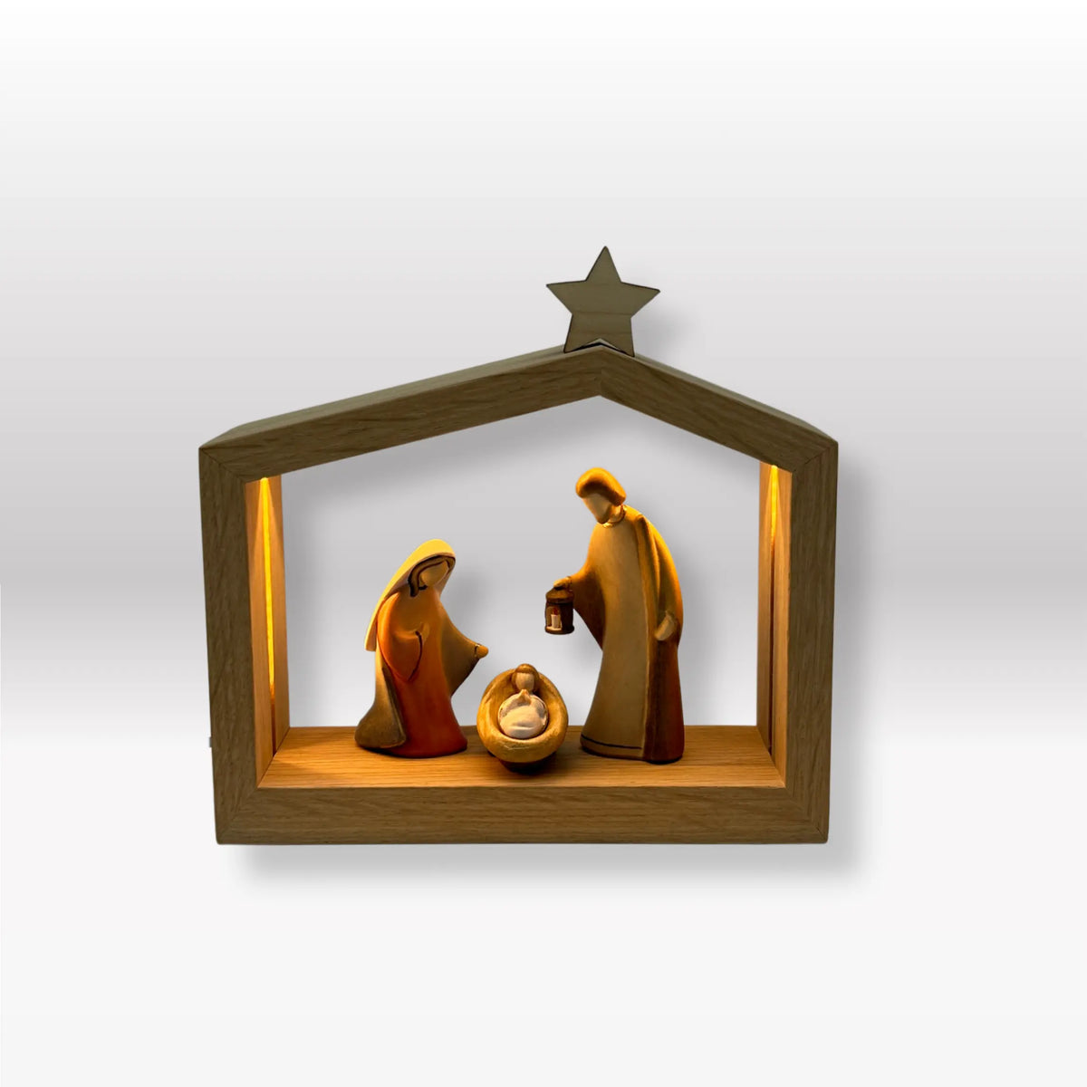 Heilige Familie (3 Figuren) von Leonardo bemalt mit Familienhaus "Akantus Design" Eiche natur
