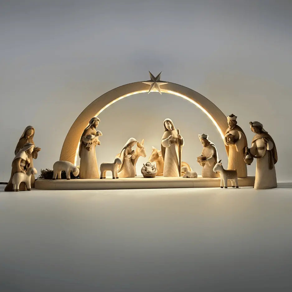 Krippenfiguren Set (15 Figuren) von Akantus bemalt mit Stall "Sternenschein"natur
