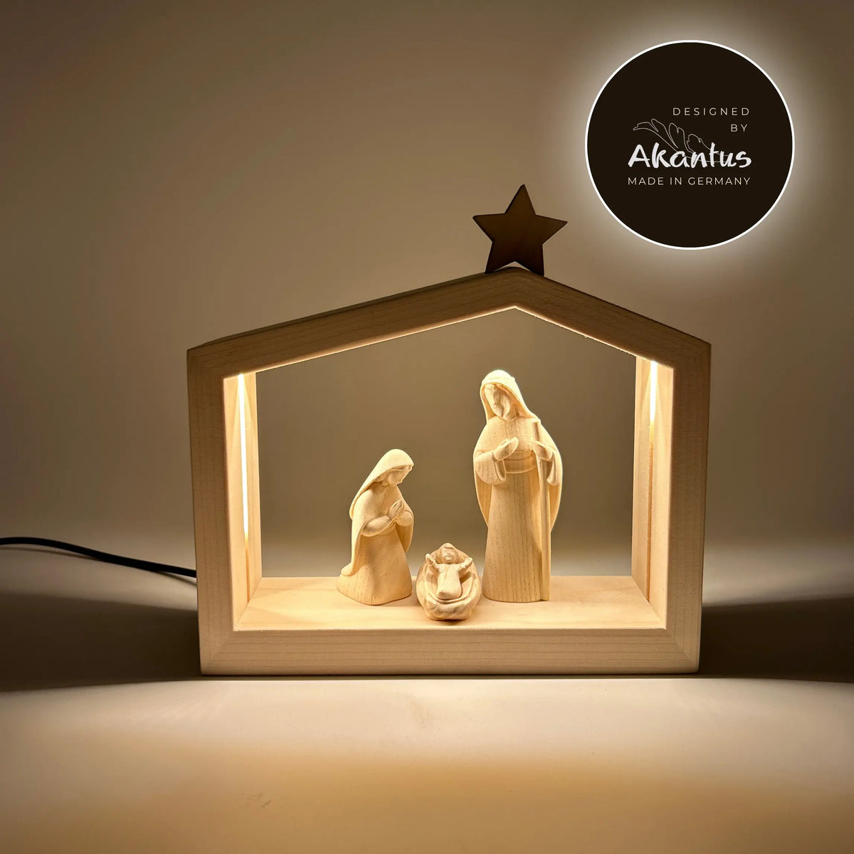 Heilige Familie (3 Figuren) von Akantus natur mit Familienhaus "Akantus Design" Fichte natur
