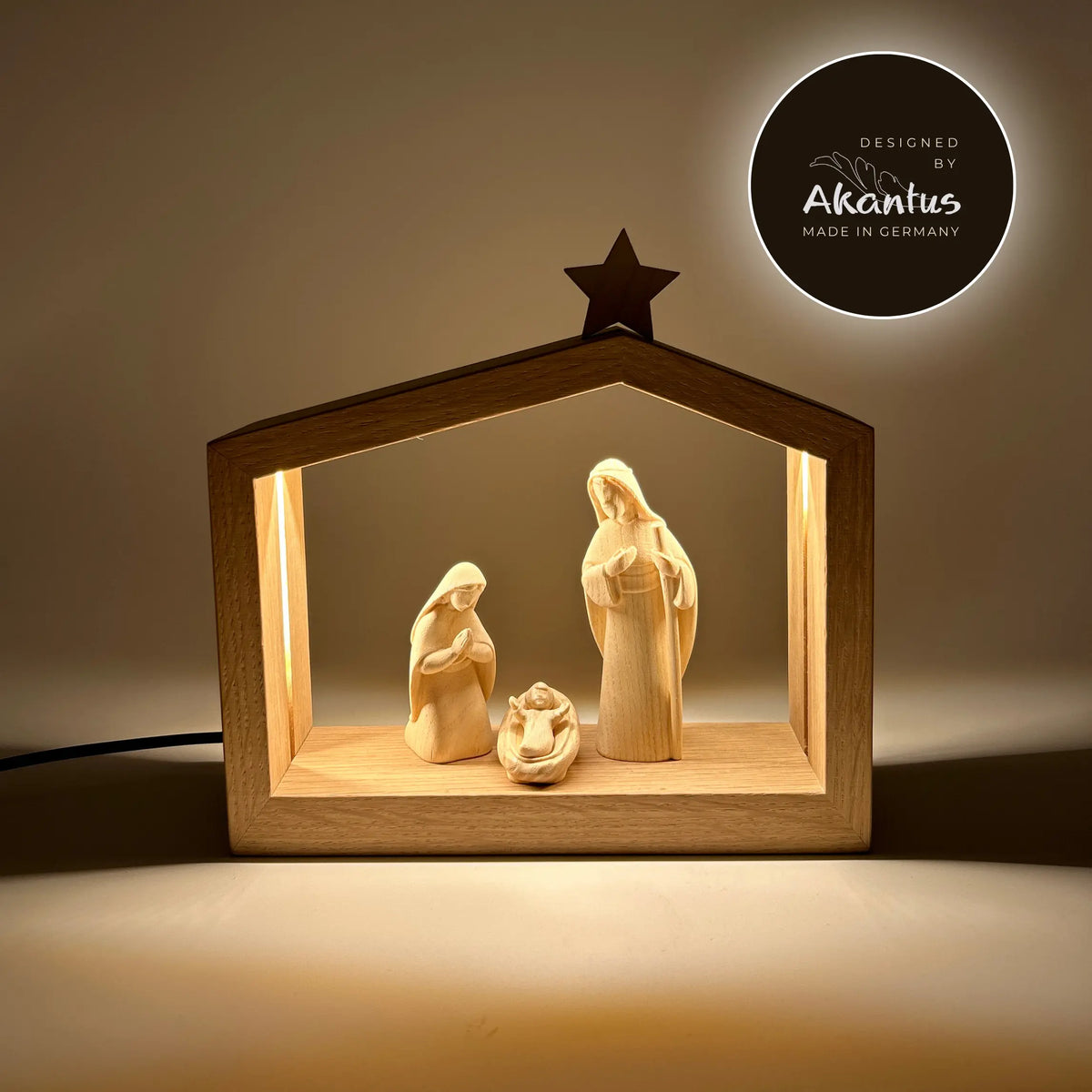 Heilige Familie (3 Figuren) von Akantus natur mit Familienhaus: "Akantus Design" Eiche