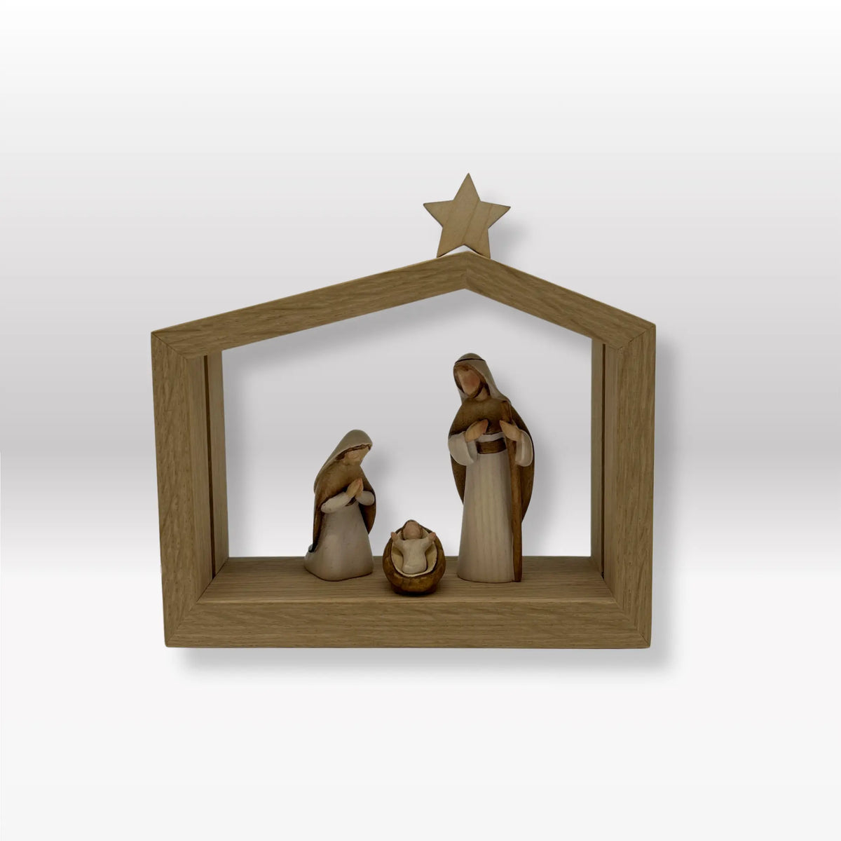 Heilige Familie (3 Figuren) von Akantus bemalt mit Familienhaus "Akantus Design" Eiche natur