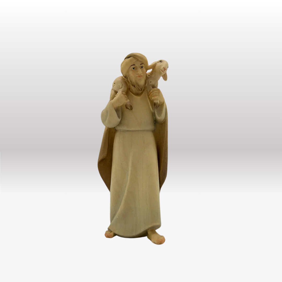 Figurine De Crèche Marolin – Berger Avec Mouton Sur L'épaule – 7 Cm – Polyéthylène, Fait Main En Allemagne
