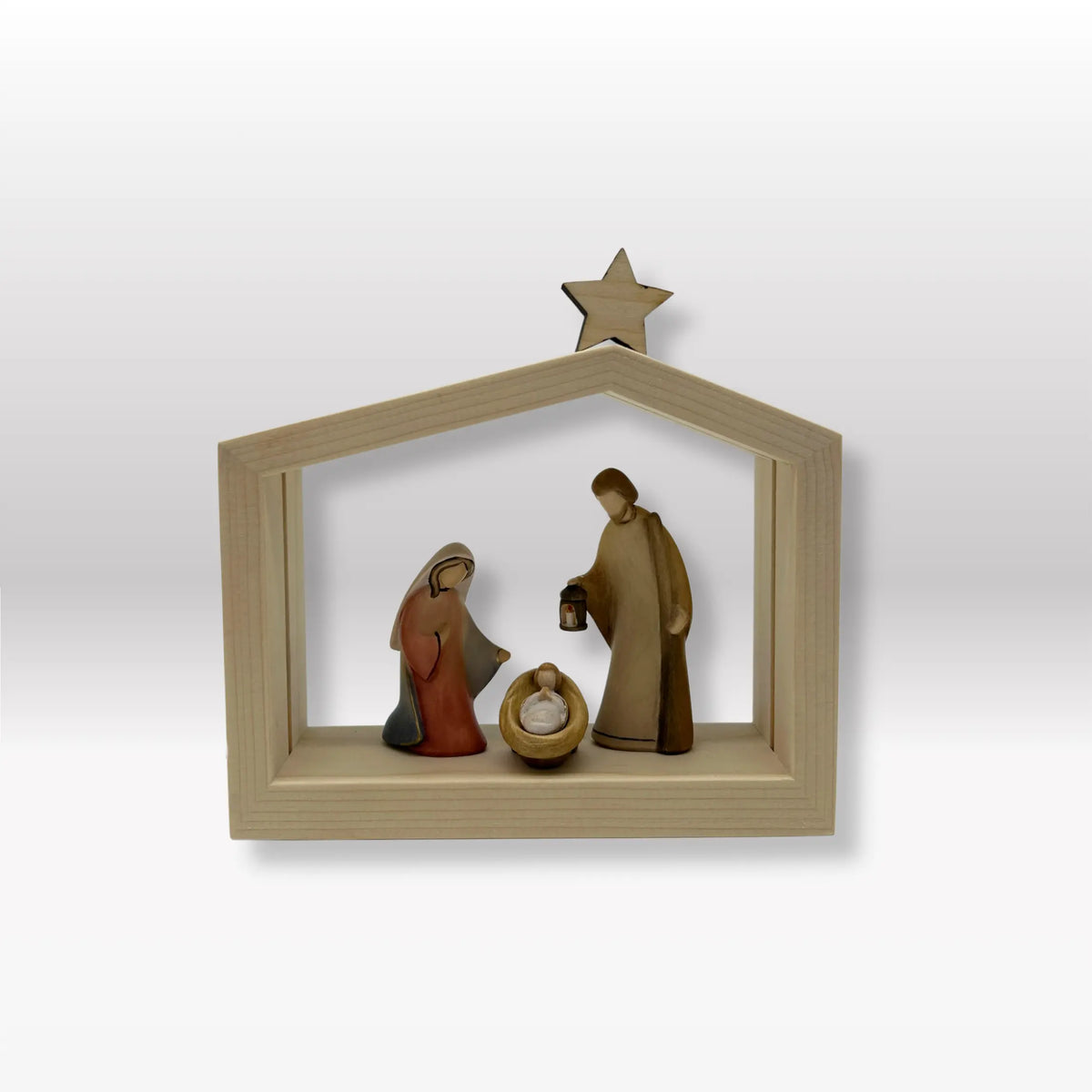 Heilige Familie (3 Figuren) von Leonardo bemalt mit Familienhaus "Akantus Design" Fichte natur